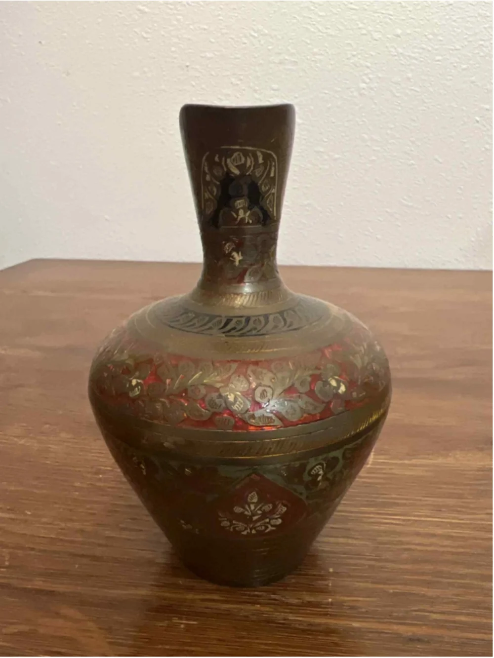 Vintage SEW India Brass Ewer 6” Hand Etched Red Enamel Pitcher Vase #119C